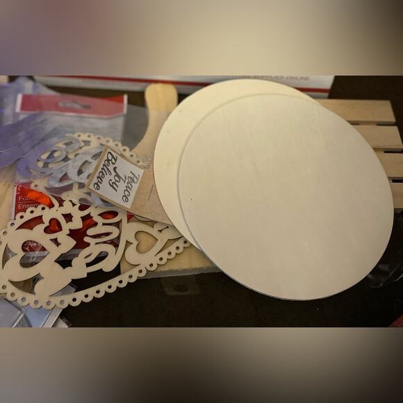 Mystery Craft Box 11x8.5x6 full Variety Wood rounds, stickers napkins, twine - Picture 6 of 6